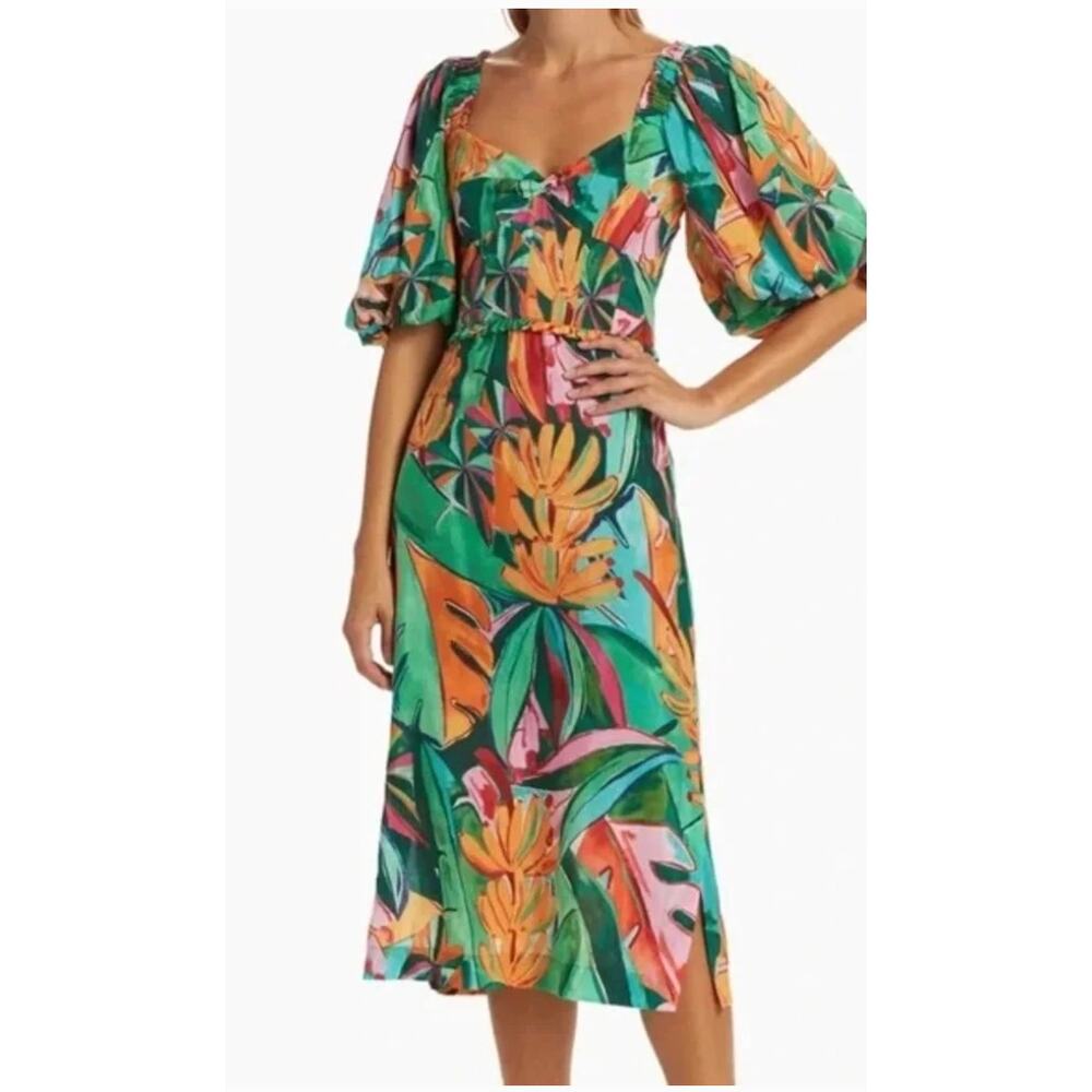 Farm Rio NEW Banana Foliage Multicolor Puffed Sleeve Midi Dress, Med